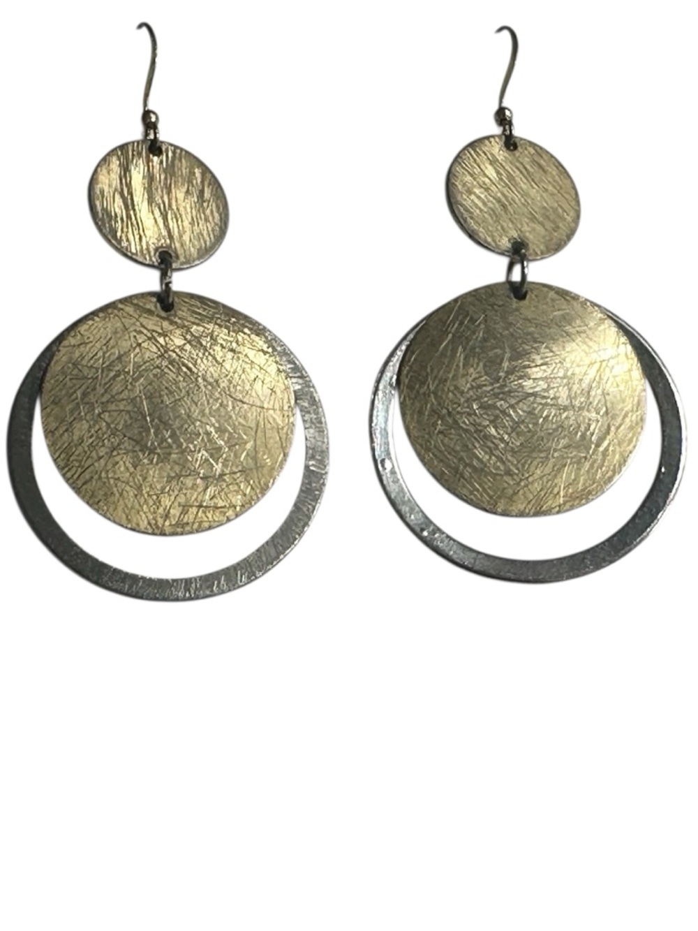 Distressed Metal Disc Dangle Earrings Silver Gold Tone Modernist Minimalist